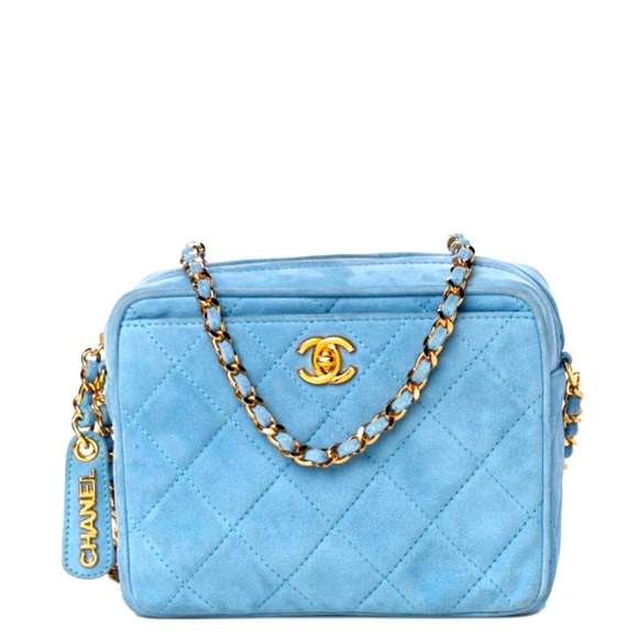 CHANEL Handbags - RARE AUTH CHANEL BABY BLUE SUEDE QUILTED CAMERA BAG GOLD CHAIN EUC +CARD & CERT